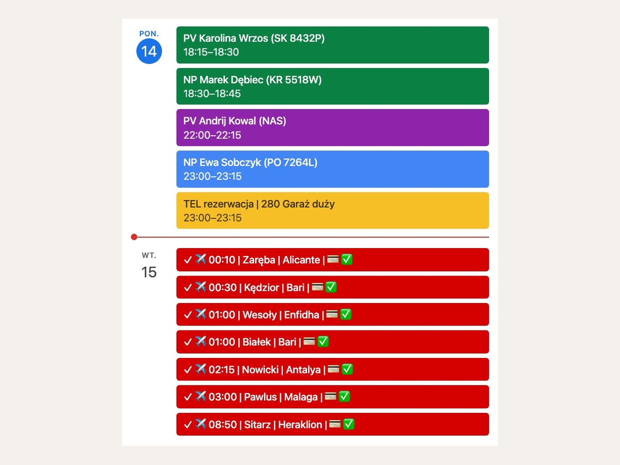 The booking calendar — the colour of an entry says which portal it came from