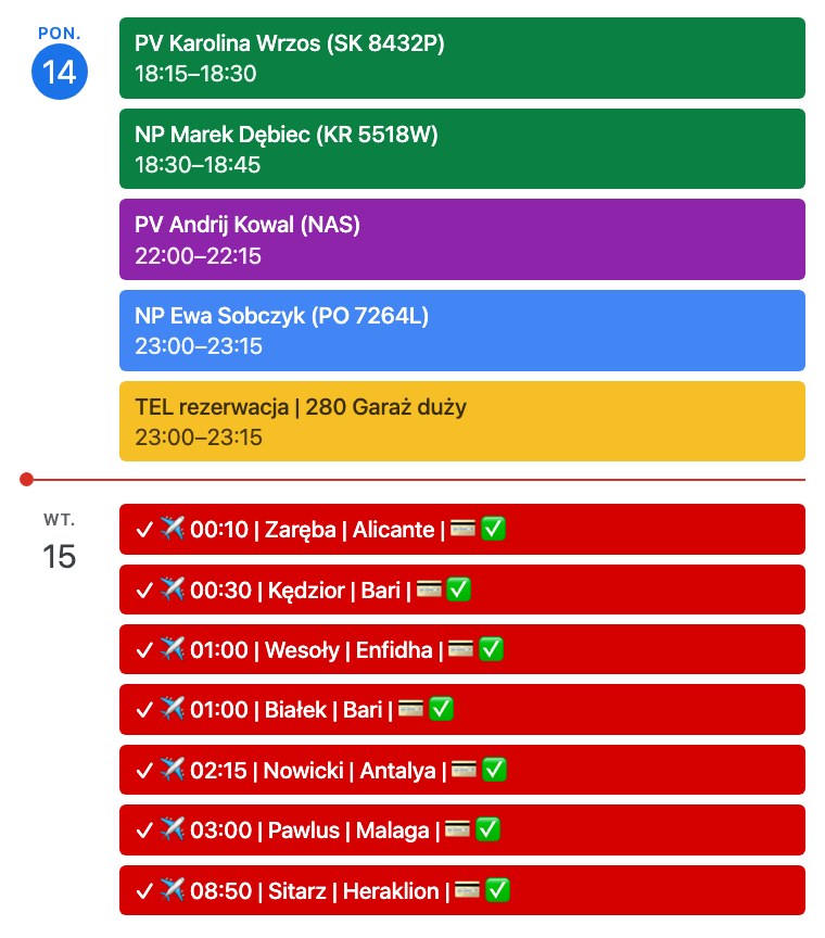 Everything lands in the spreadsheet and the calendar at the same time. The colour of the entry tells you which portal the booking came from.
