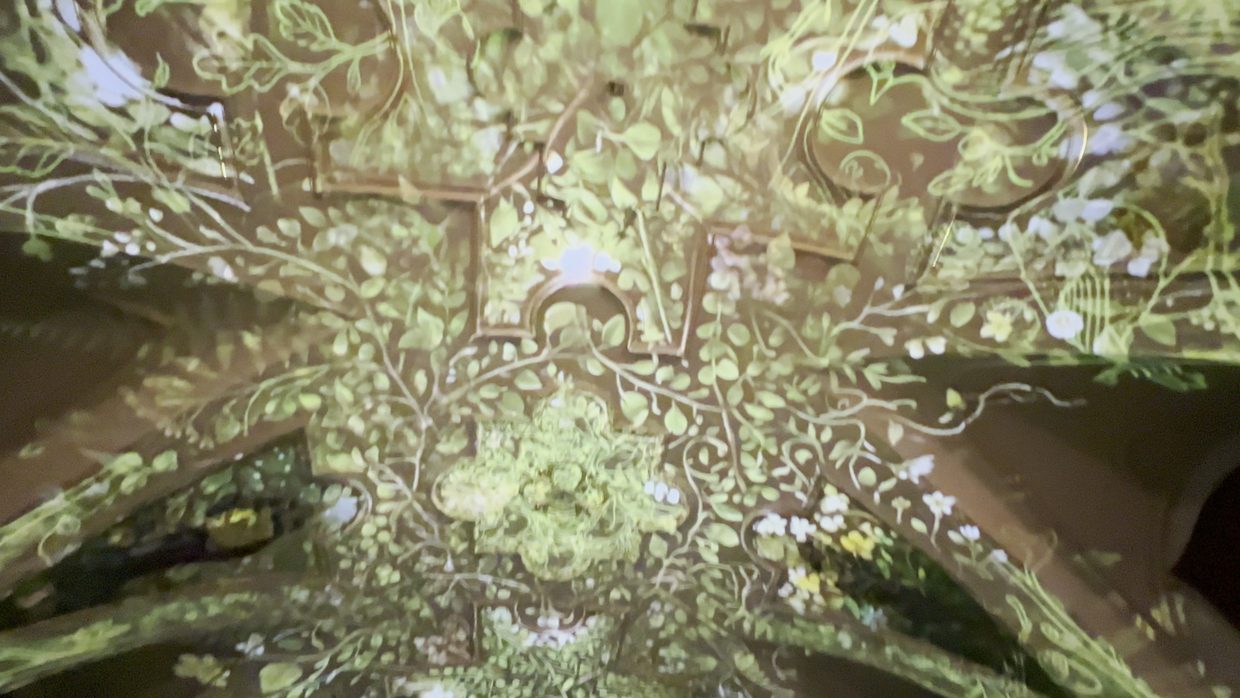 Mapping fitted to the shape of the object — here, the vault of a hall. The image is made for a specific piece of architecture, not laid over a flat screen.