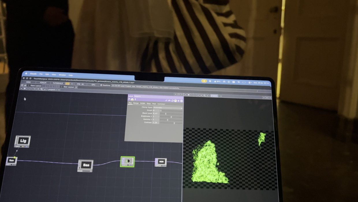 Under the hood, TouchDesigner: scenes built from nodes that react to sound bands in real time.